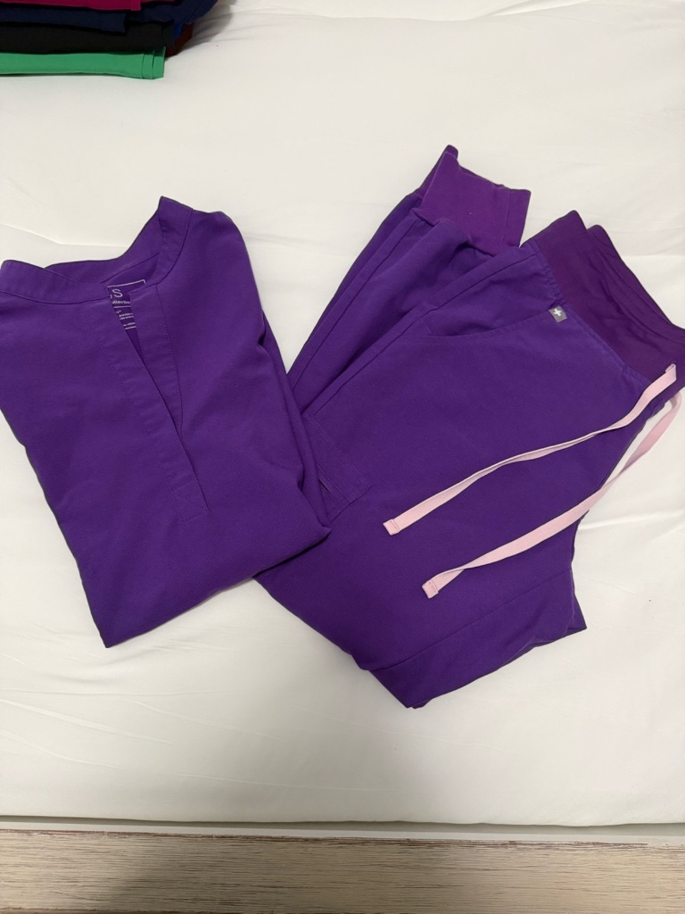 Figs Purple Drawstring Scrubs Jogger Set with Pink Ties